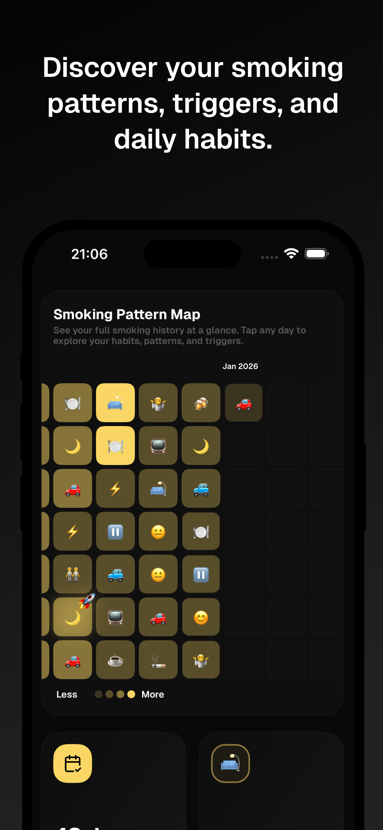 QSmoking app interface showing smoking tracking and countdown features