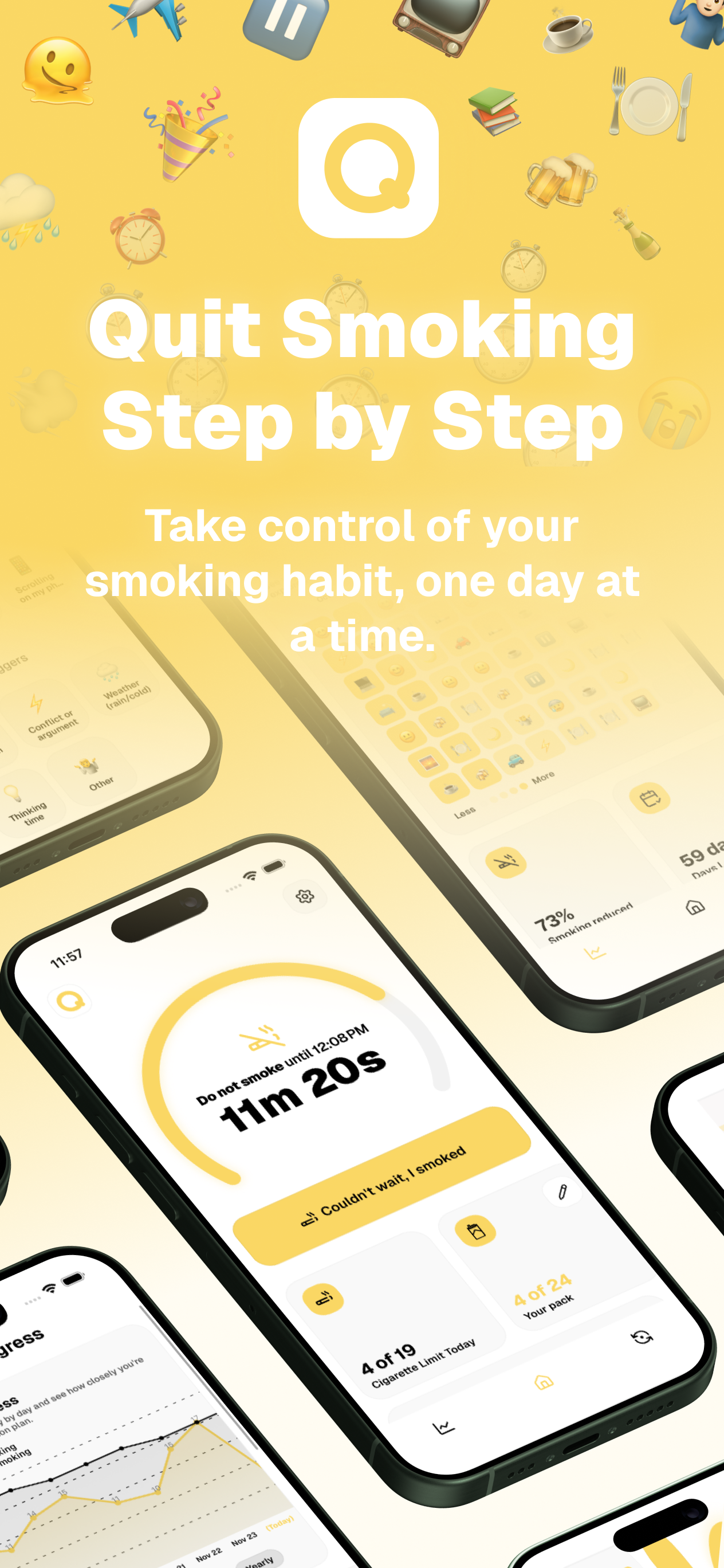 QSmoking app interface screenshot 1 - iPhone view showing smoking tracking and reduction features