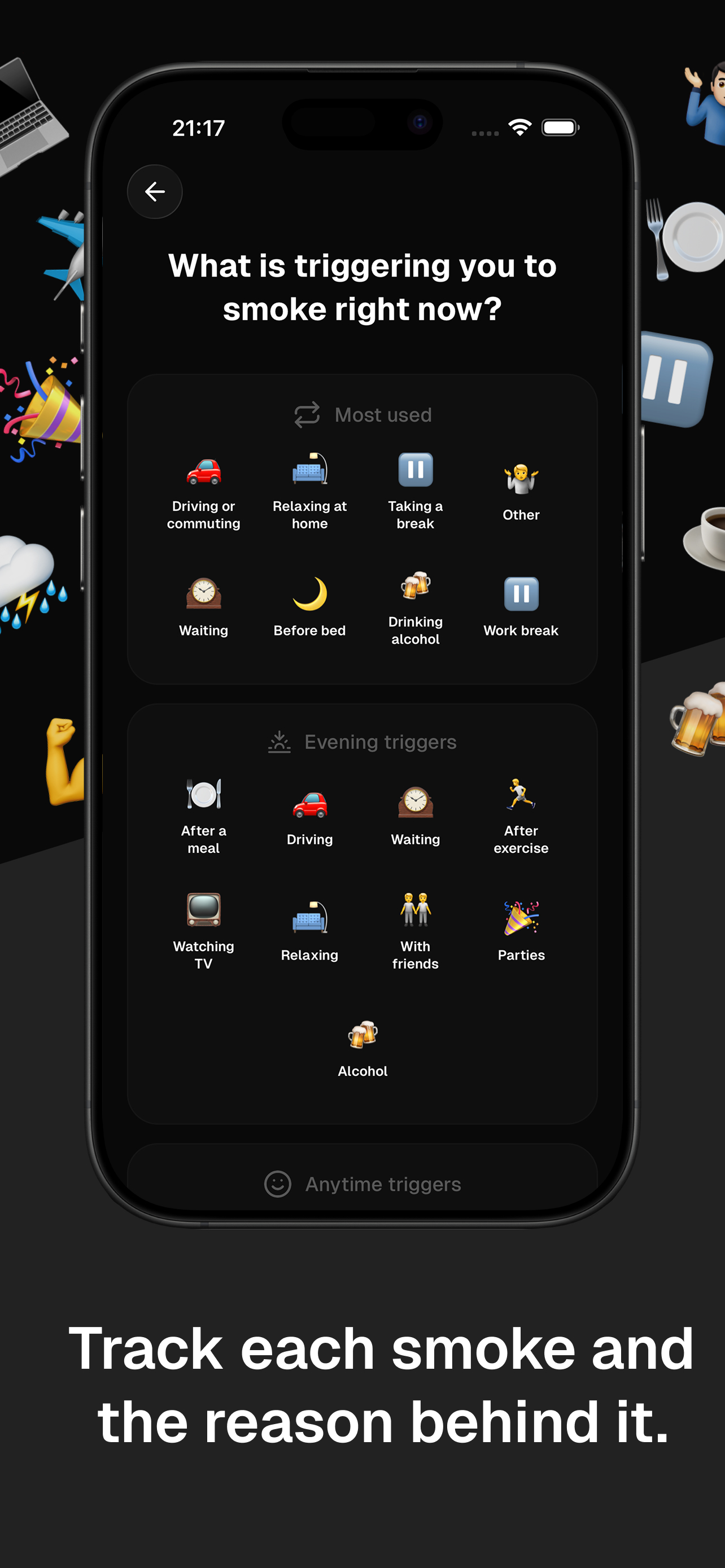 QSmoking app interface screenshot 3 - iPhone view showing smoking tracking and reduction features